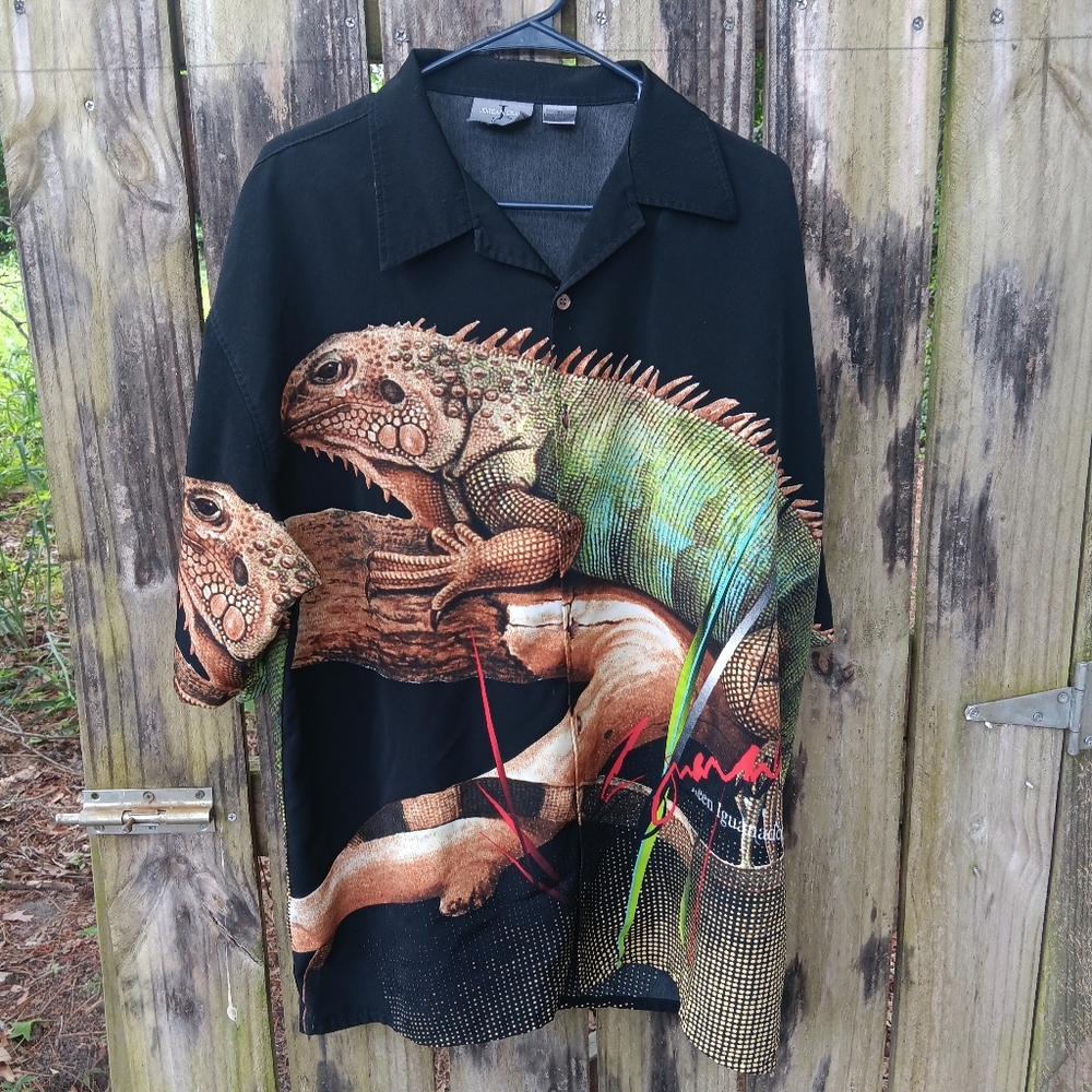 JORDAN CRAIG Men's Black Button-Up Short Sleeve Iguana Graphic Shirt XL